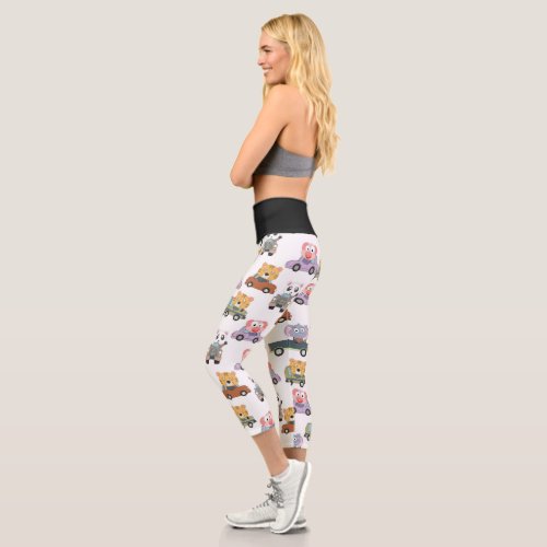 Cute Animals In Cars Pattern Capri Leggings