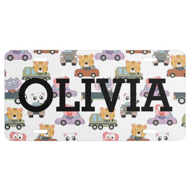 Cute Animals In Cars Pattern License Plate (Front)