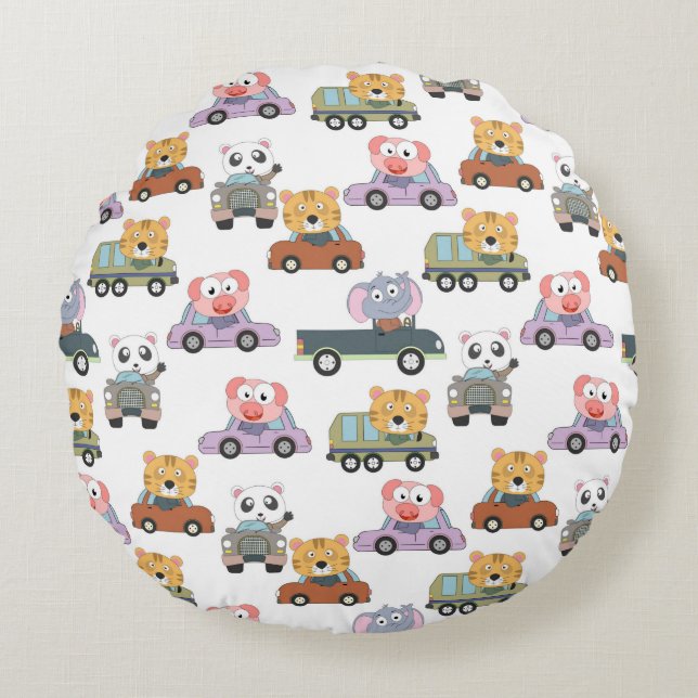 Cute Animals In Cars Pattern Round Pillow (Front)