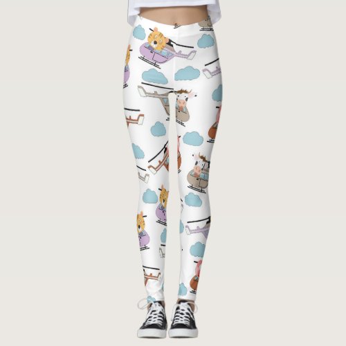 Cute Animals In Helicopter Pattern Leggings