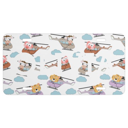 Cute Animals In Helicopter Pattern License Plate
