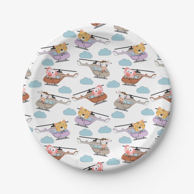 Cute Animals In Helicopter Pattern Paper Plates (Front)