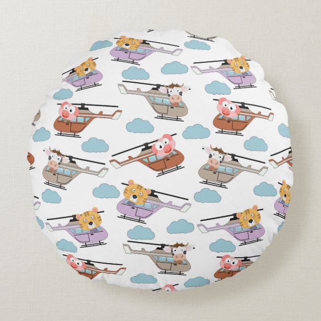 Cute Animals In Helicopter Pattern Round Pillow (Front)