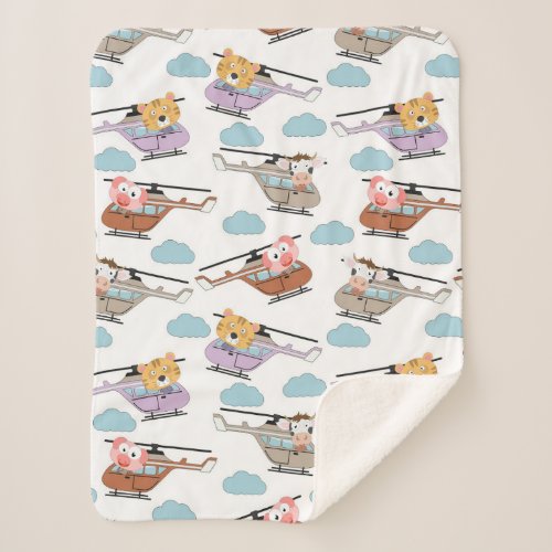 Cute Animals In Helicopter Pattern Sherpa Blanket