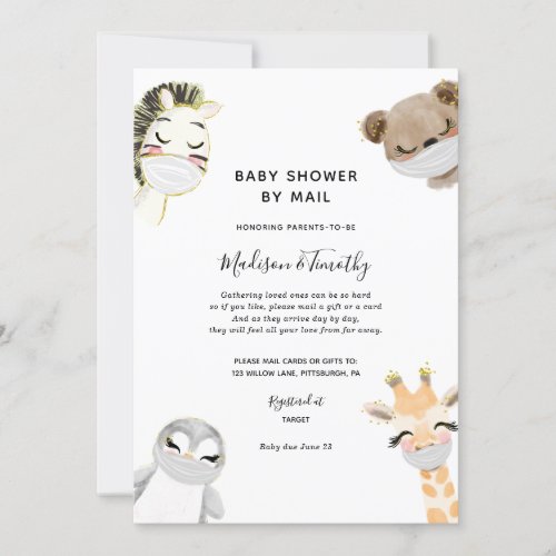 Cute Animals in Masks Baby Shower by Mail Invitation