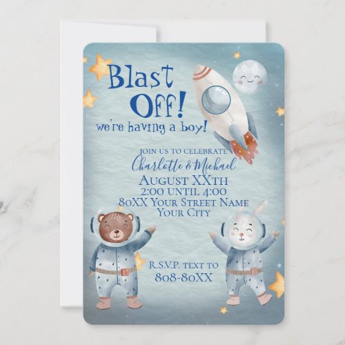 Cute Animals in Outer Space Baby Boy Theme Invitation
