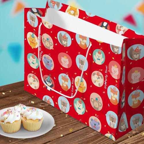 Cute Animals in Party Hats Kids Red Happy Birthday Large Gift Bag