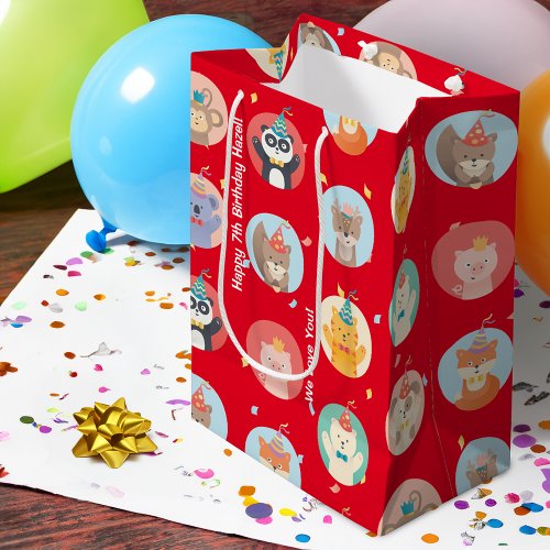 Cute Animals in Party Hats Kids Red Happy Birthday Medium Gift Bag