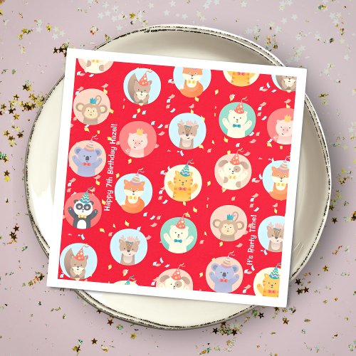 Cute Animals in Party Hats Kids Red Happy Birthday Napkins