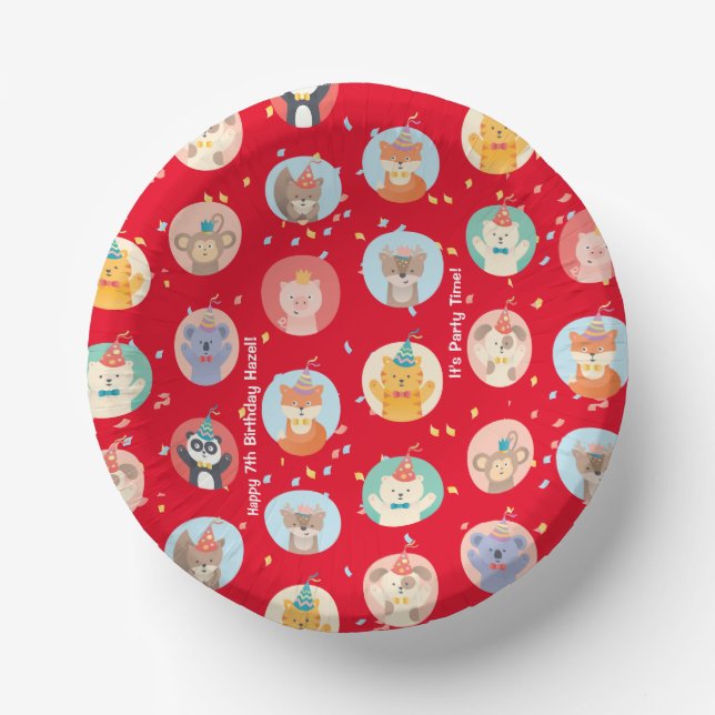 Cute Animals in Party Hats Kids Red Happy Birthday Paper Bowls (Front)