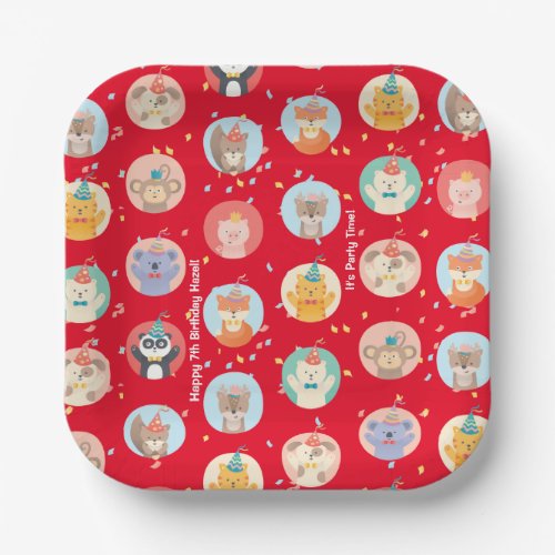 Cute Animals in Party Hats Kids Red Happy Birthday Paper Plates