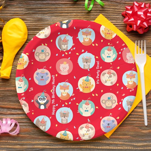 Cute Animals in Party Hats Kids Red Happy Birthday Paper Plates