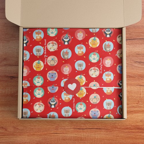 Cute Animals in Party Hats Kids Red Happy Birthday Tissue Paper