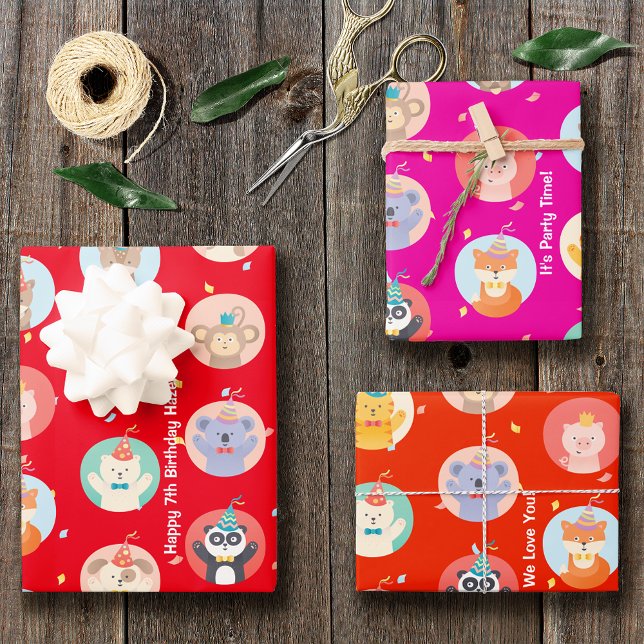 Cute Animals in Party Hats Kids Red Happy Birthday Wrapping Paper Sheets (Creator Uploaded)