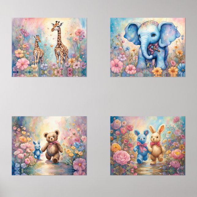 Cute Animals in Pastel Flower Gardens  Wall Art Sets (Front)