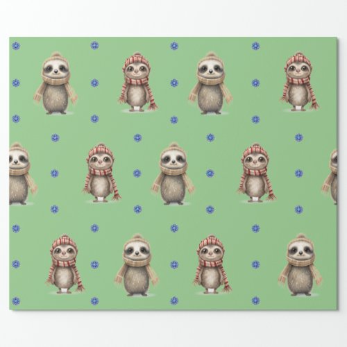 Cute Animals in Scarves Christmas on Green Wrapping Paper