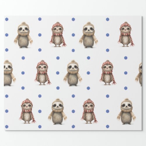 Cute Animals in Scarves Christmas on White Wrapping Paper