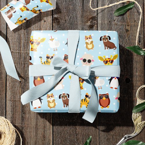 Cute Animals in Sunglasses Pattern on Blue Wrapping Paper