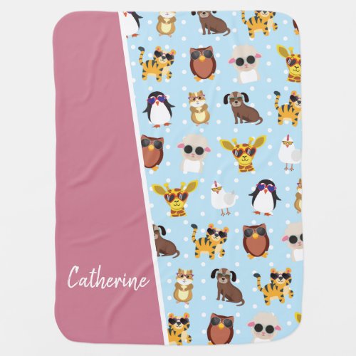 Cute Animals in Sunglasses with Name Baby Blanket