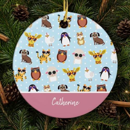 Cute Animals in Sunglasses with Name Christmas Ceramic Ornament