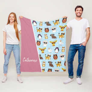 Cute Animals in Sunglasses with Name Fleece Blanket