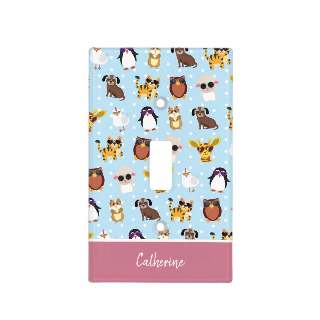 Cute Animals in Sunglasses with Name Light Switch Cover (Front)