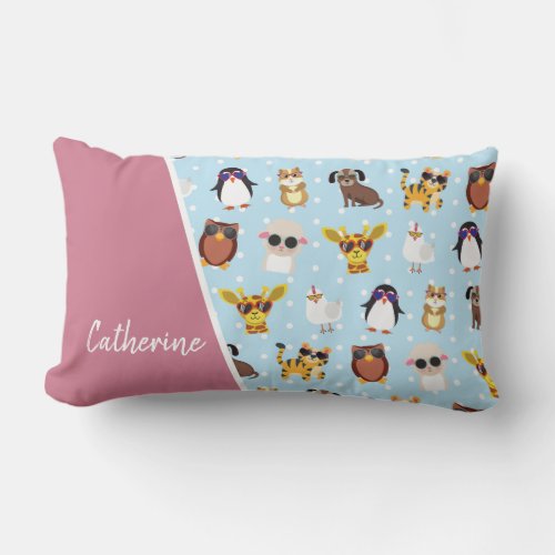 Cute Animals in Sunglasses with Name Lumbar Pillow