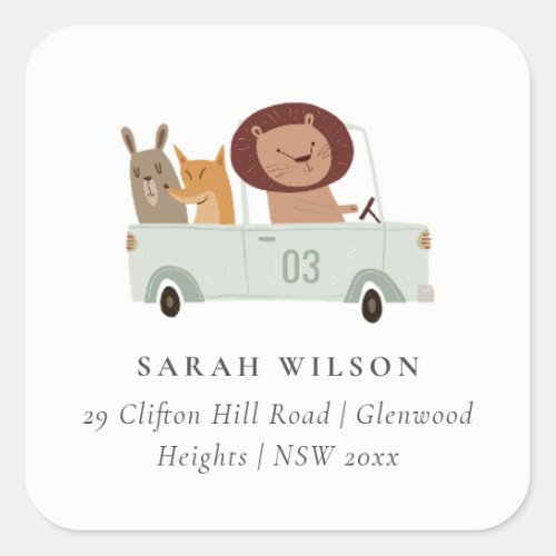 Cute Animals In the Car City Road Kids Address Square Sticker