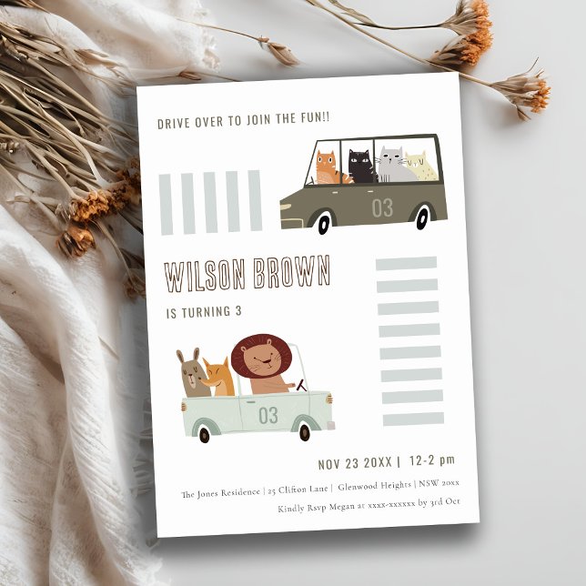 Cute Animals In the Car City Road Kids Birthday Invitation (Creator Uploaded)