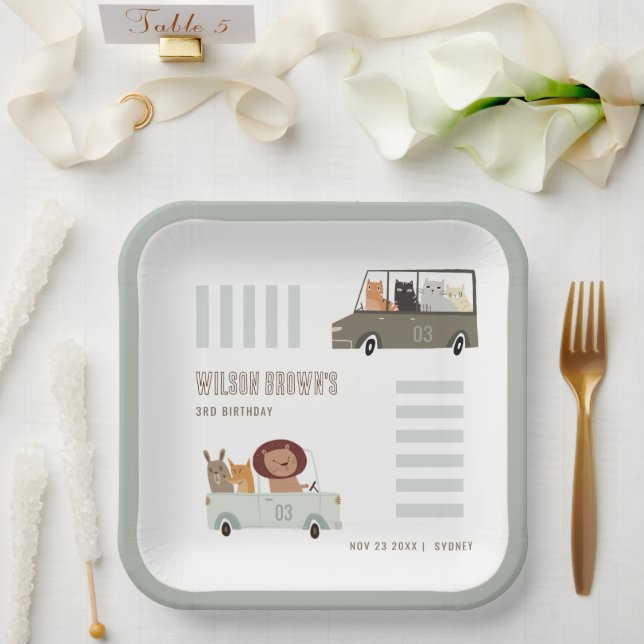 Cute Animals In the Car City Road Kids Birthday Paper Plates (Wedding)