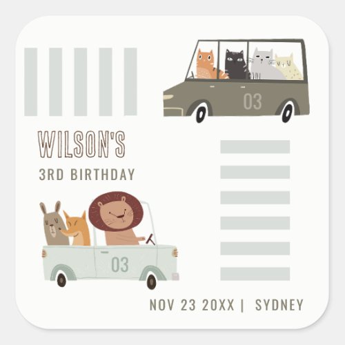 Cute Animals In the Car City Road Kids Birthday Square Sticker