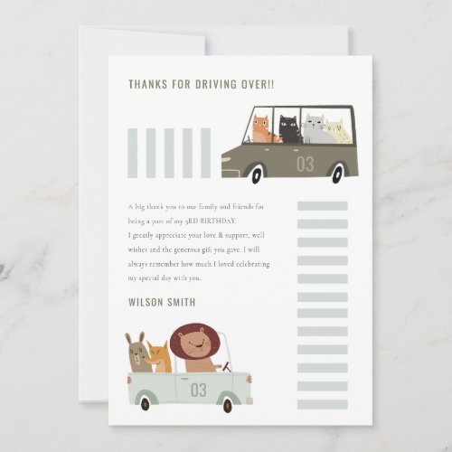 Cute Animals In the Car City Road Kids Birthday Thank You Card