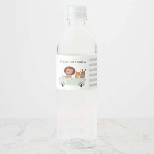 Cute Animals In the Car City Road Kids Birthday Water Bottle Label