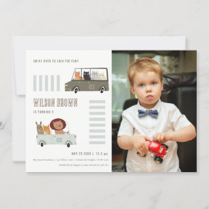 Cute Animals In the Car Roads Photo Kids Birthday Invitation
