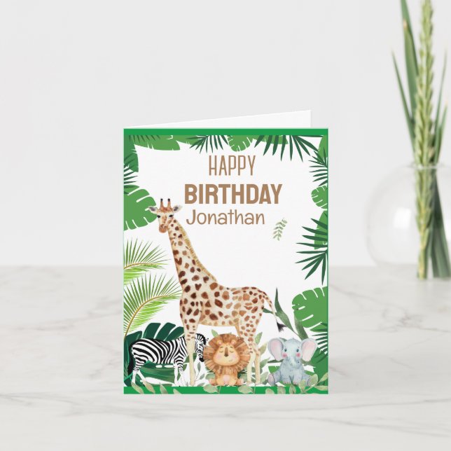 Cute animals in the jungle big giraffe birthday note card (Front)