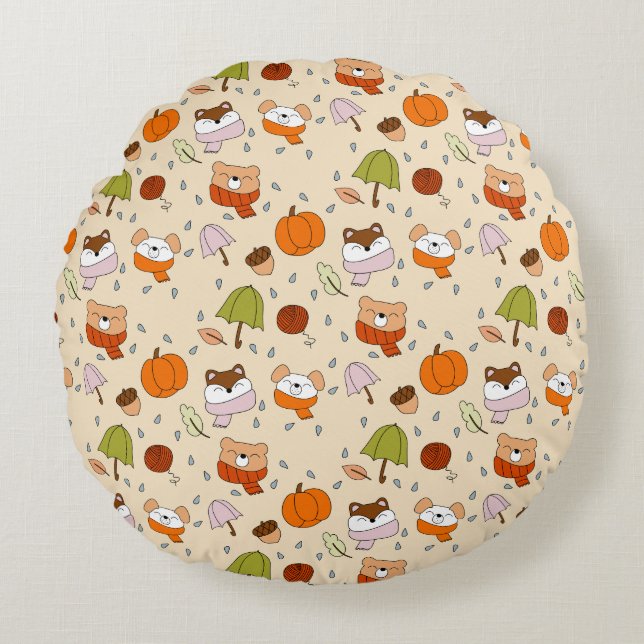 Cute Animals in the Rain Round Nursery Pillow (Front)