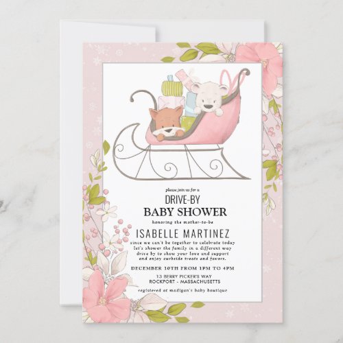 Cute Animals in Winter Sleigh Drive_By Baby Shower Invitation