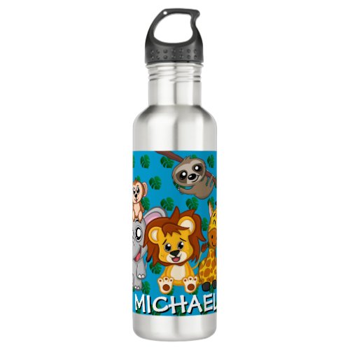 Cute Animals Jungle Blue Cartoon Zoo Safari Name Stainless Steel Water Bottle