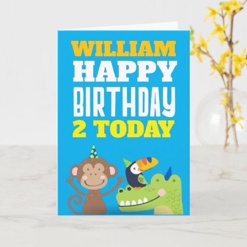 Cute Animals Kids Any Age Name Blue Birthday Card