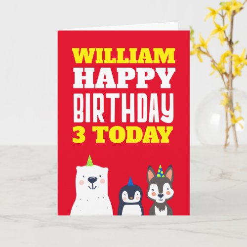 Cute Animals Kids Any Age Name Red Birthday Card