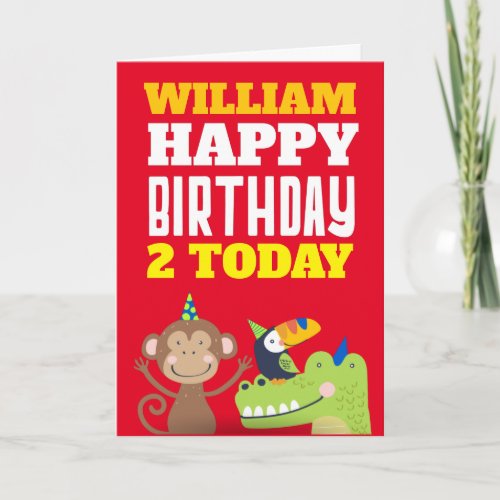 Cute Animals Kids Any Age Name Red Birthday Card
