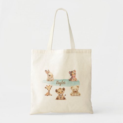 Cute Animals Kids Custom Name Tote Bag