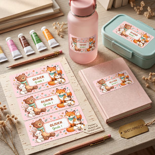 Cute Animals Kids Name Label Pink Waterproof Girls
