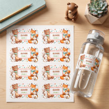 Cute Animals Kids Name Label Waterproof Bear Fox