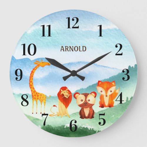 Cute Animals Kids Nursery Green Blue Forest Large Clock