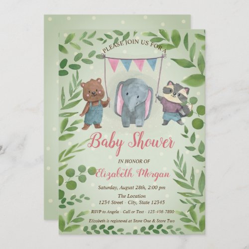 Cute AnimalsLeaves Blue Dots Baby Shower Invitation