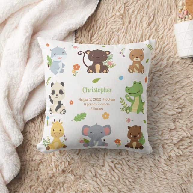 Cute Animals New Baby Announcement Throw Pillow (Blanket)