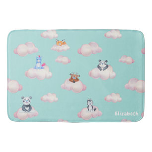Cute Animals On Clouds Monogram Bath Mat