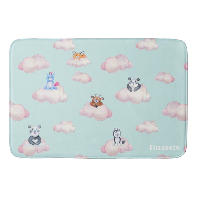 Cute Animals On Clouds Monogram Bath Mat (Front)