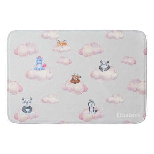 Cute Animals On Clouds Monogram Bath Mat